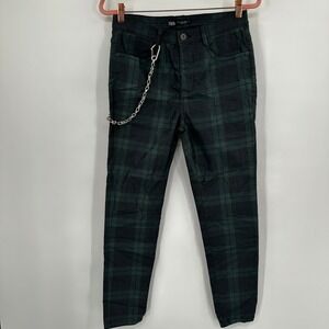 Zara Women Green Black Plaid Skinny Pants Detachable Chain Size 31 Emo Goth Edgy